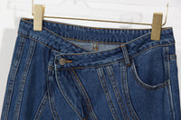 Blue Niche Designer Trousers Asymmetric Oblique Waist Placket Multi Line Split Stitching Structure Cut Jeans