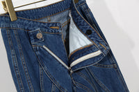 Blue Niche Designer Trousers Asymmetric Oblique Waist Placket Multi Line Split Stitching Structure Cut Jeans