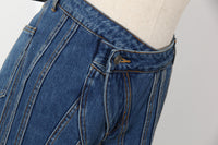 Blue Niche Designer Trousers Asymmetric Oblique Waist Placket Multi Line Split Stitching Structure Cut Jeans