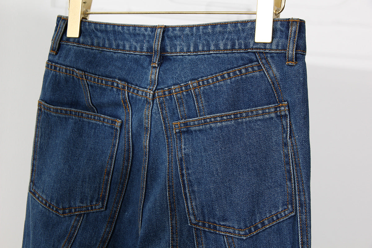 Blue Niche Designer Trousers Asymmetric Oblique Waist Placket Multi Line Split Stitching Structure Cut Jeans