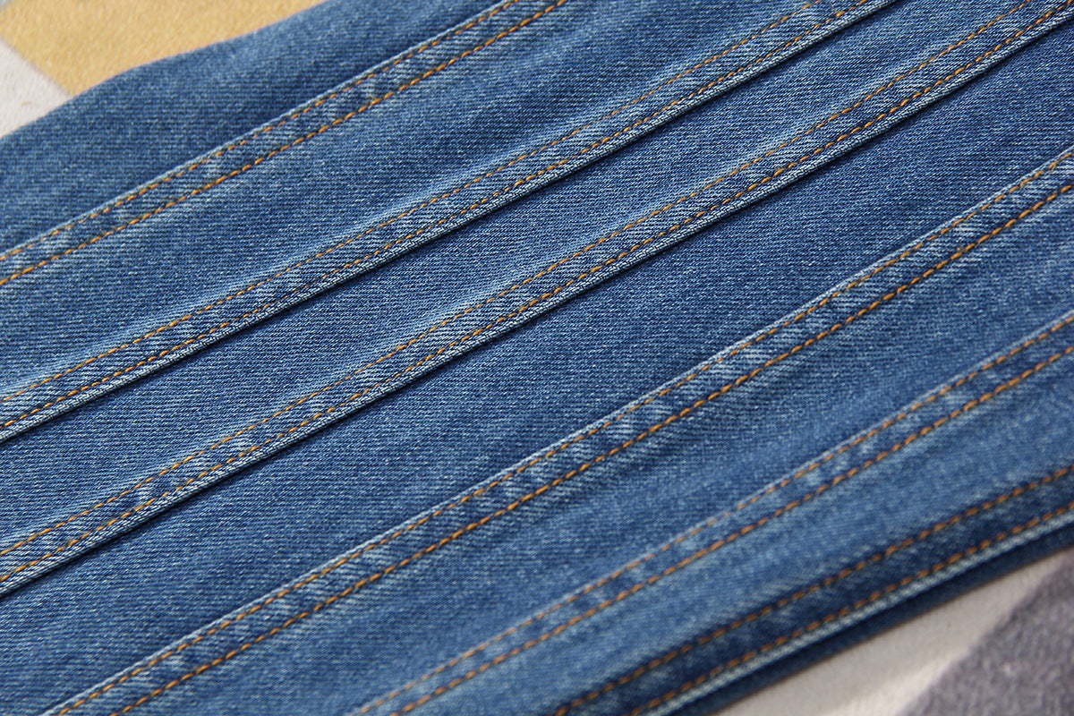 Blue Niche Designer Trousers Asymmetric Oblique Waist Placket Multi Line Split Stitching Structure Cut Jeans