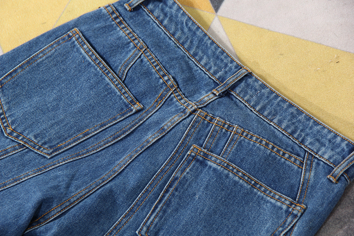 Blue Niche Designer Trousers Asymmetric Oblique Waist Placket Multi Line Split Stitching Structure Cut Jeans