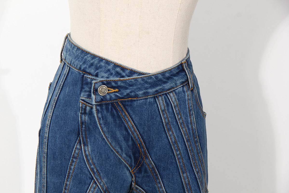 Blue Niche Designer Trousers Asymmetric Oblique Waist Placket Multi Line Split Stitching Structure Cut Jeans