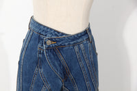 Blue Niche Designer Trousers Asymmetric Oblique Waist Placket Multi Line Split Stitching Structure Cut Jeans
