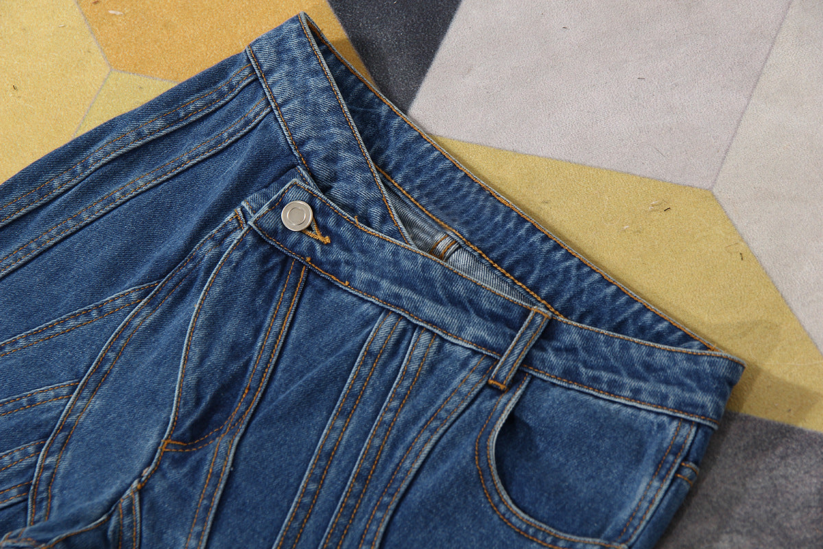 Blue Niche Designer Trousers Asymmetric Oblique Waist Placket Multi Line Split Stitching Structure Cut Jeans