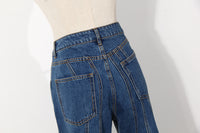 Blue Niche Designer Trousers Asymmetric Oblique Waist Placket Multi Line Split Stitching Structure Cut Jeans