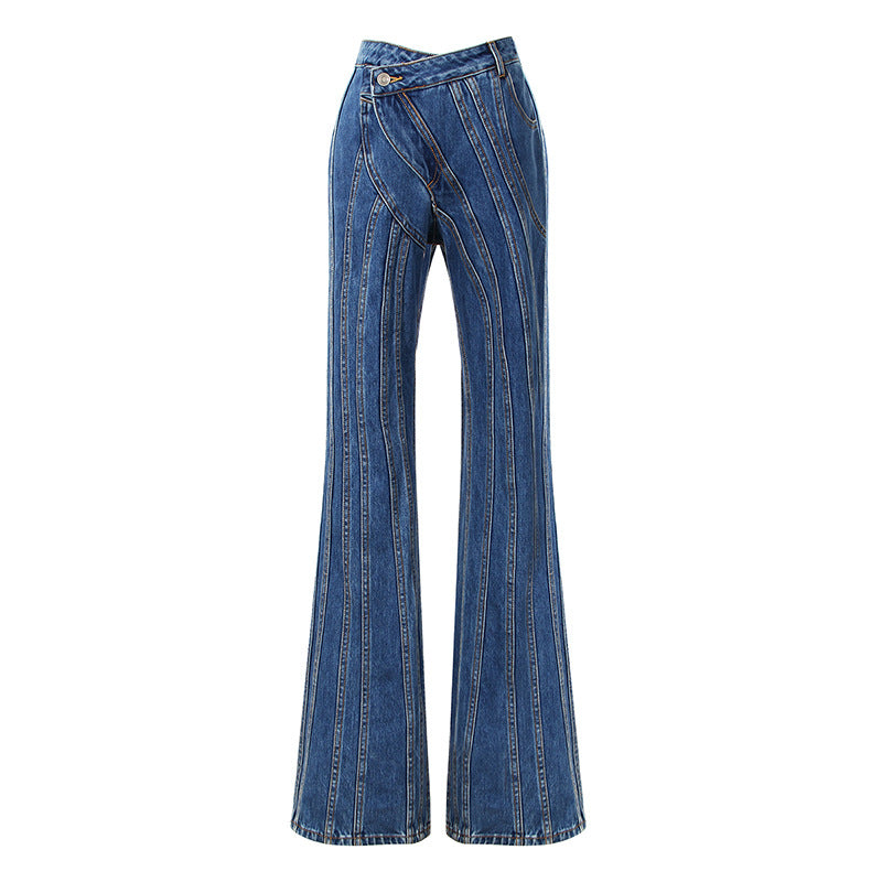 Blue Niche Designer Trousers Asymmetric Oblique Waist Placket Multi Line Split Stitching Structure Cut Jeans