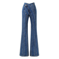 Blue Niche Designer Trousers Asymmetric Oblique Waist Placket Multi Line Split Stitching Structure Cut Jeans