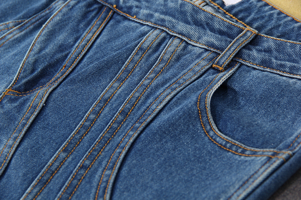 Blue Niche Designer Trousers Asymmetric Oblique Waist Placket Multi Line Split Stitching Structure Cut Jeans
