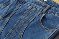 Blue Niche Designer Trousers Asymmetric Oblique Waist Placket Multi Line Split Stitching Structure Cut Jeans