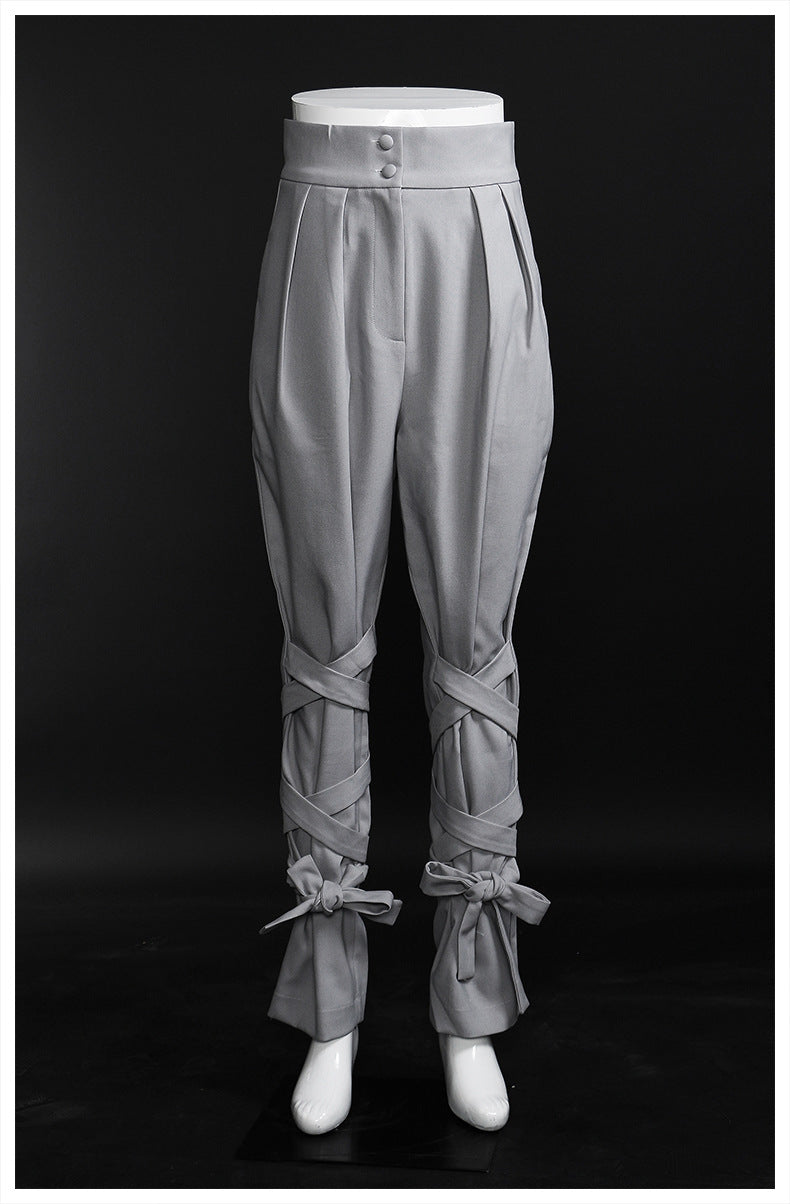 Neutral Baggy Pants Unique Cross Lace up Women Loose Slimming All Matching Straight Casual Pants