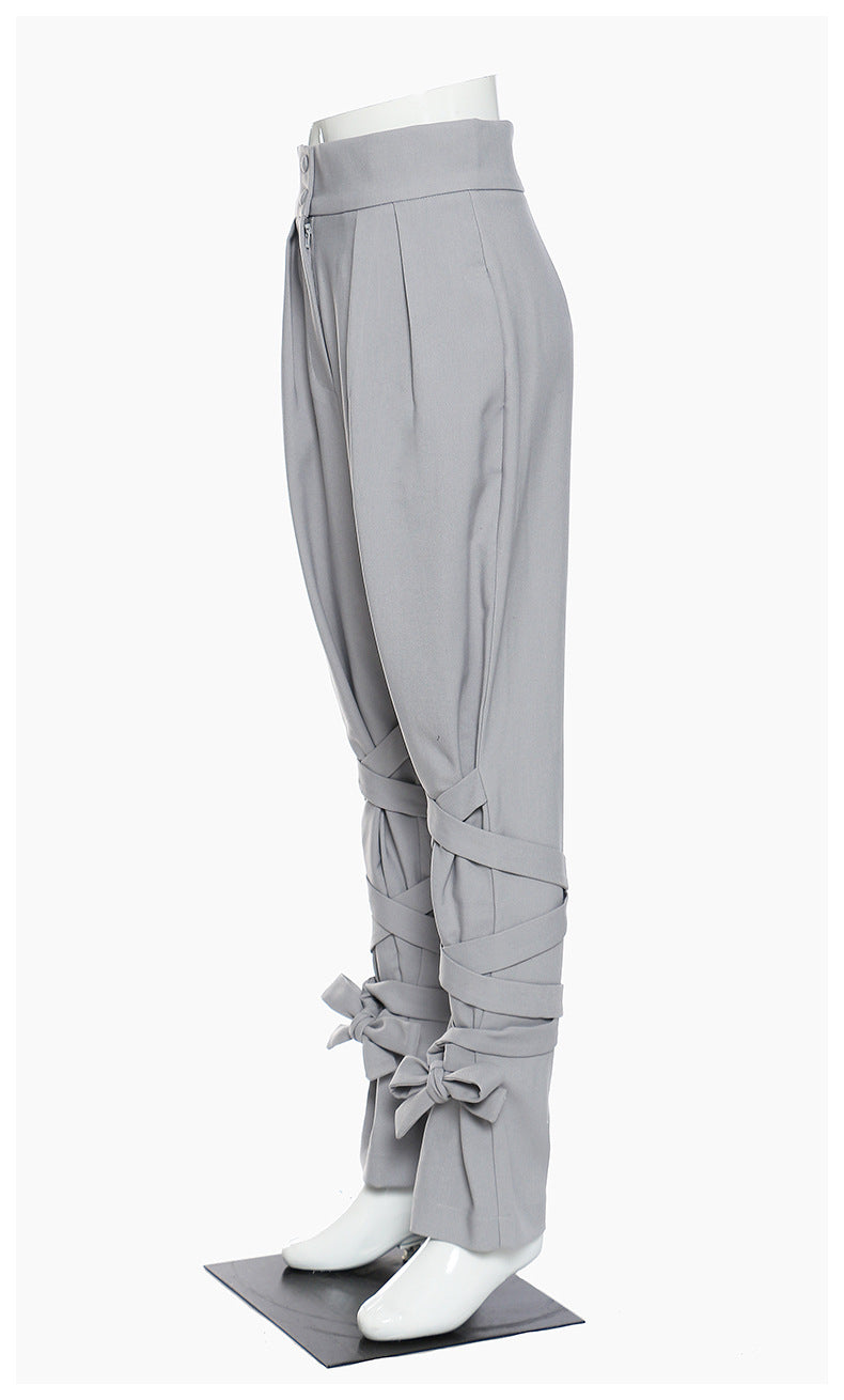 Neutral Baggy Pants Unique Cross Lace up Women Loose Slimming All Matching Straight Casual Pants