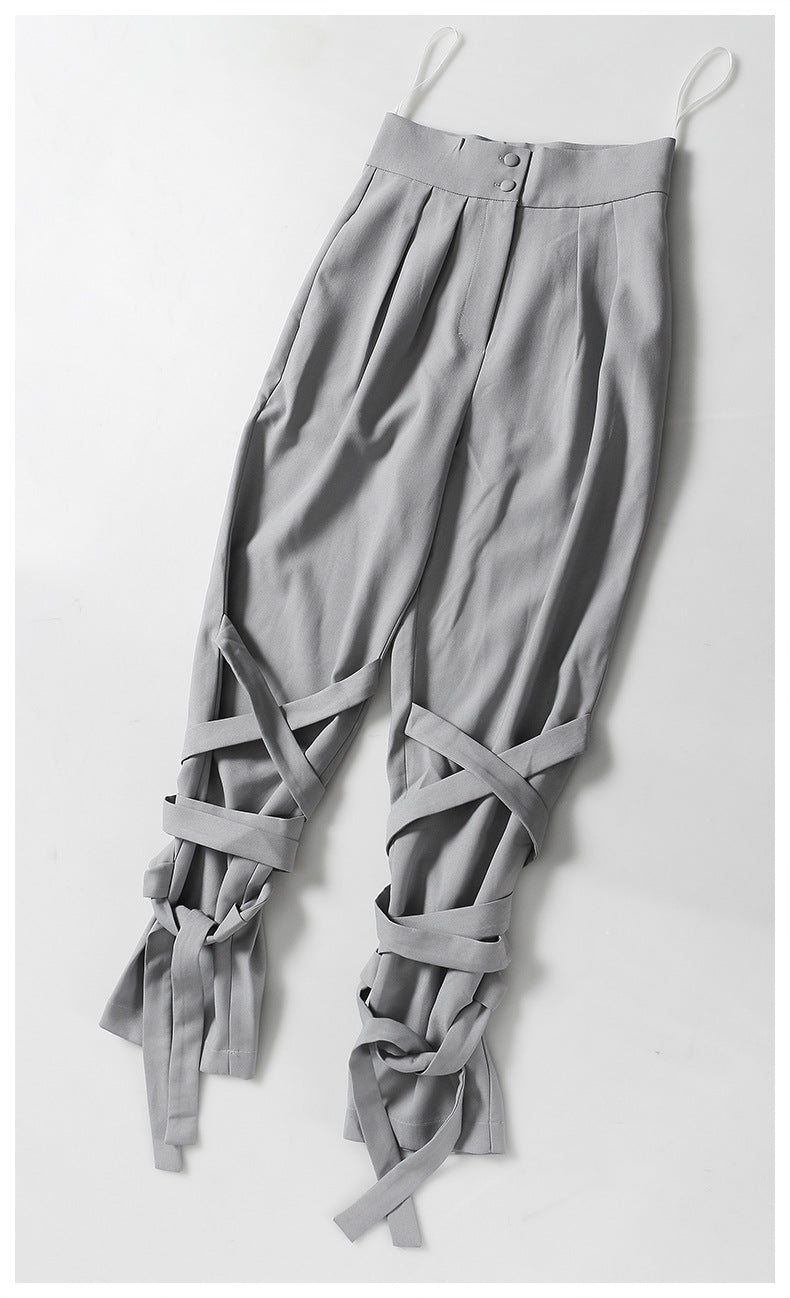 Neutral Baggy Pants Unique Cross Lace up Women Loose Slimming All Matching Straight Casual Pants