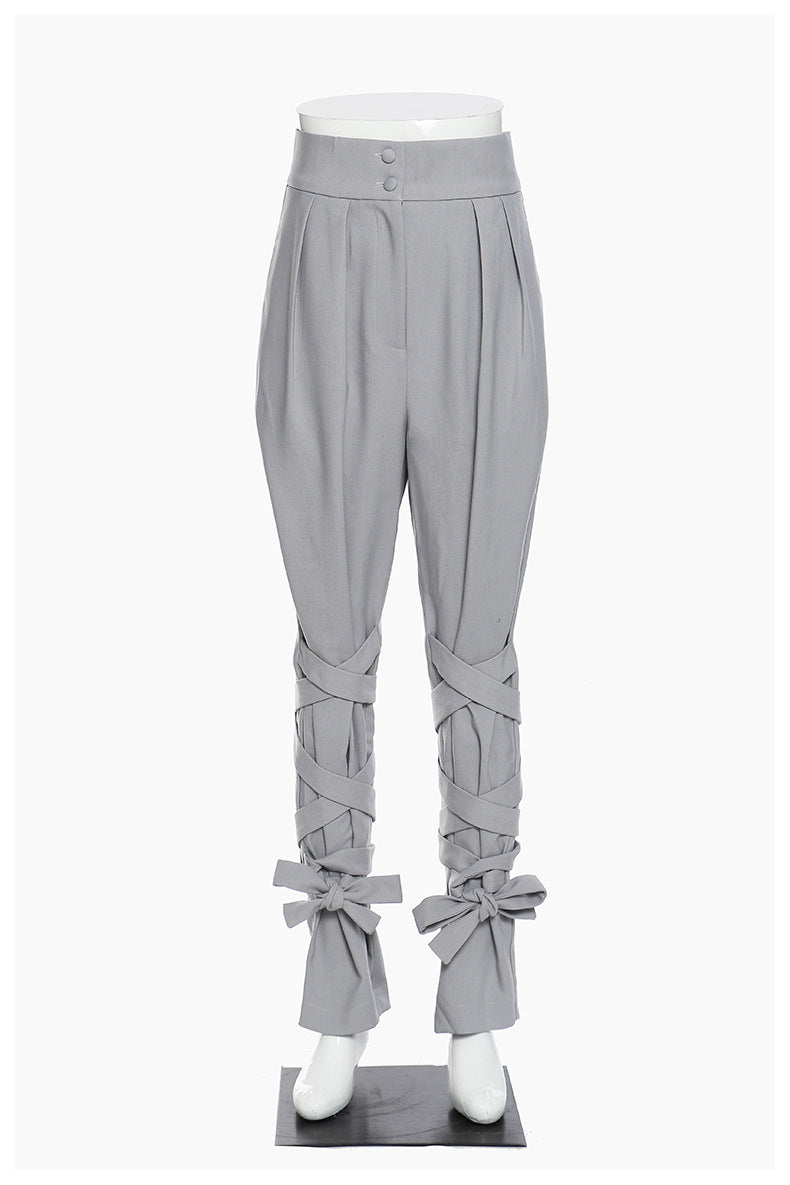 Neutral Baggy Pants Unique Cross Lace up Women Loose Slimming All Matching Straight Casual Pants