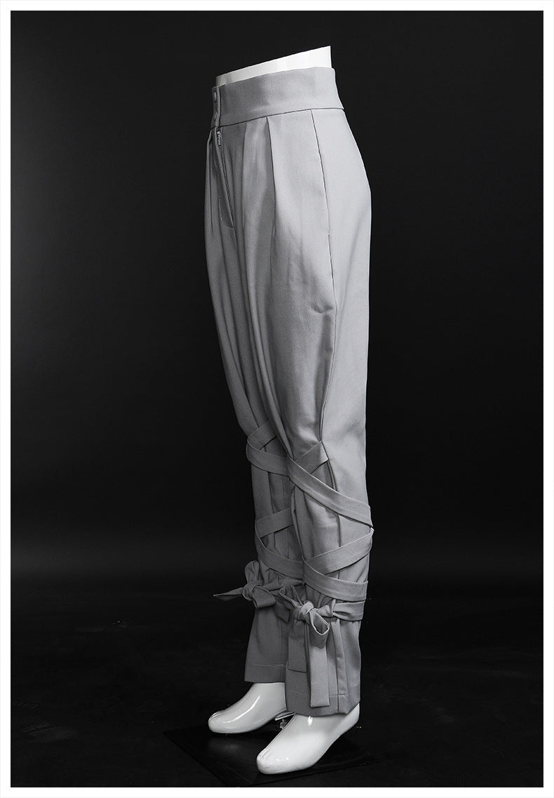 Neutral Baggy Pants Unique Cross Lace up Women Loose Slimming All Matching Straight Casual Pants