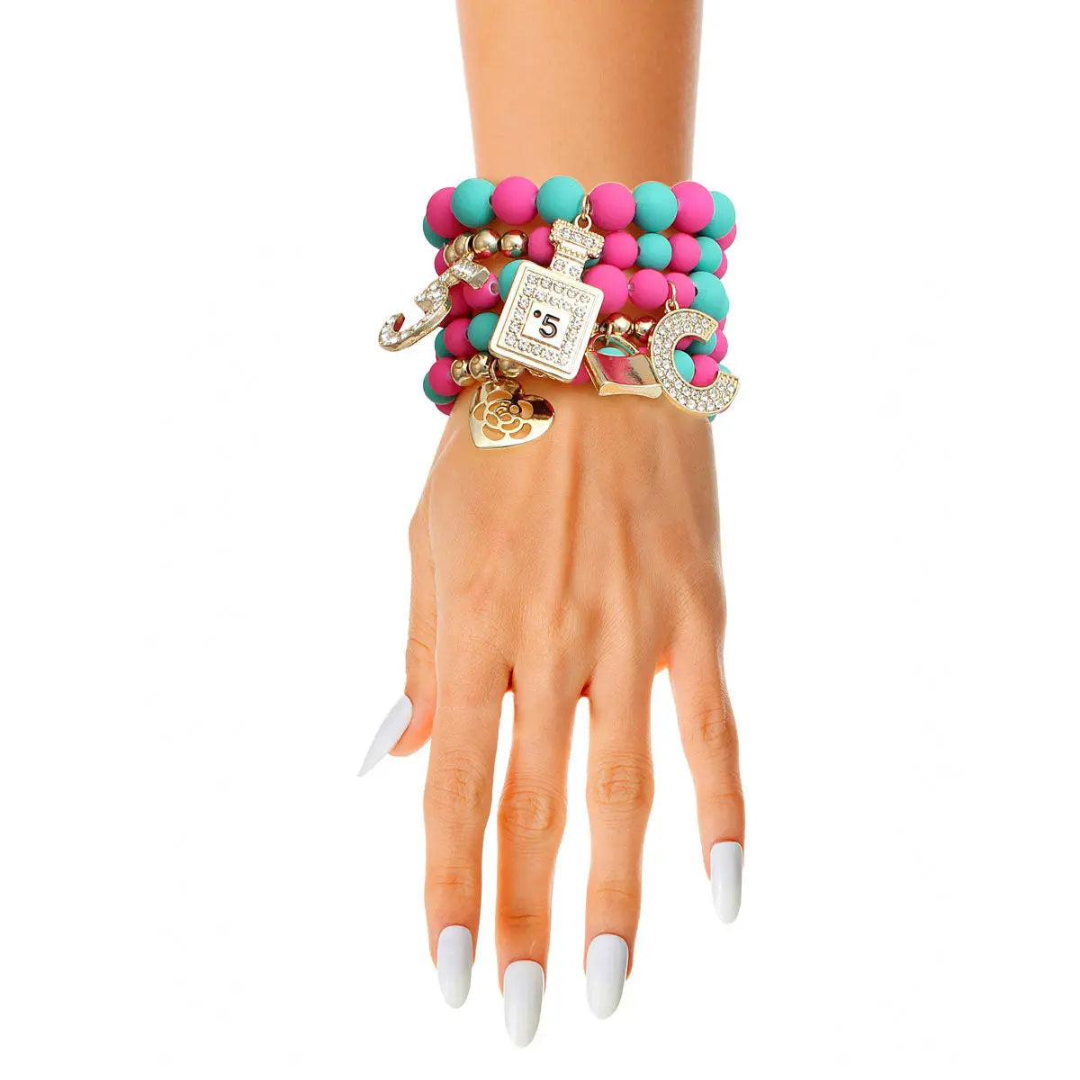 Matte Fuchsia & Teal Charm Bracelets – Bold Boutique Jewelry Set