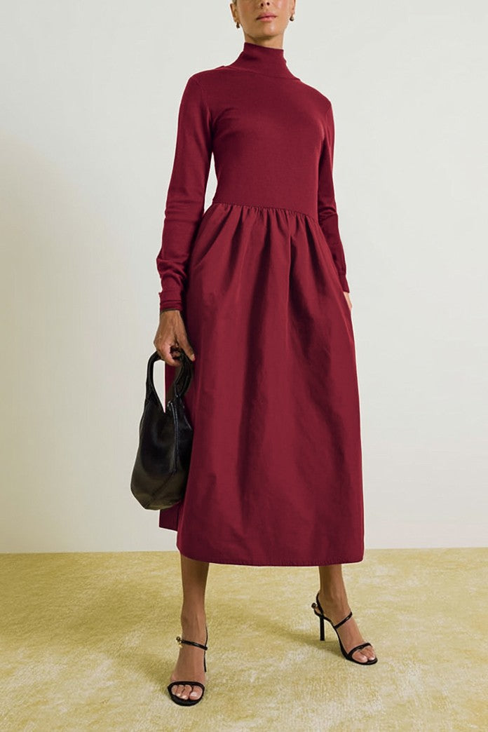 Deep Mock Neck Long Sleeve Midi Dress