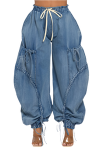 Urban Chic Drawstring Denim Cargo Pants
