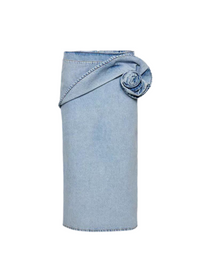 Blue Spring Summer Modern Urban Women Power Sense Three Pleated Rose Washed Denim Pencil Skirt