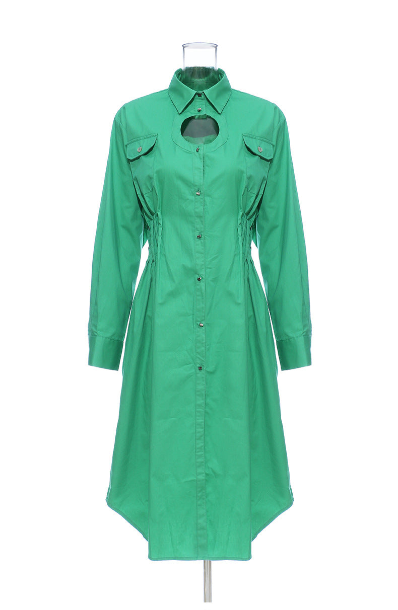 Geometric Abstract Round Hollow Out Cutout Pleated Waist Tight Cotton Shirt Dress