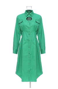 Geometric Abstract Round Hollow Out Cutout Pleated Waist Tight Cotton Shirt Dress