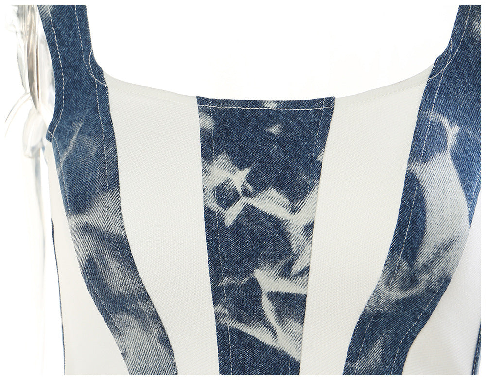 Stitching Contrast Color Washed Denim Slim Top Vest Camisole Women