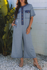 Beau Blue Half Placket Chest Pockets Short Sleeve Wide Leg Jumpsuit - Modestly Vogue