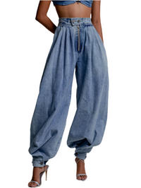Women Cargo Jeans Casual High Rise Zipper Denim Bloomers Pants Loose