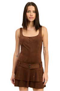 BELTED SUEDE PLEAT MINI DRESS