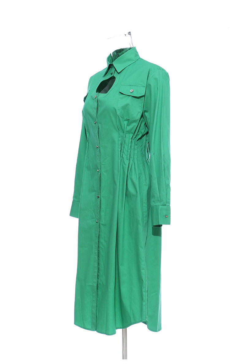 Geometric Abstract Round Hollow Out Cutout Pleated Waist Tight Cotton Shirt Dress
