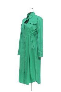 Geometric Abstract Round Hollow Out Cutout Pleated Waist Tight Cotton Shirt Dress