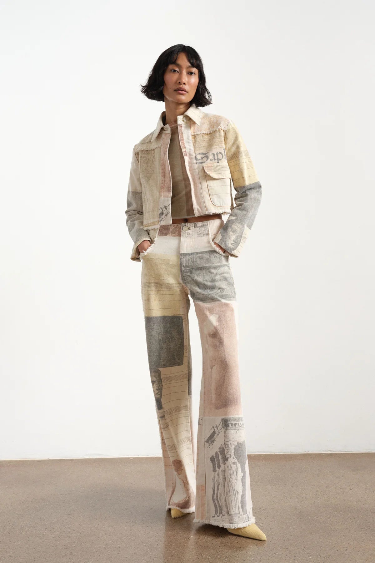 Retro Loose Print Wide Leg Straight Mop Denim Trousers