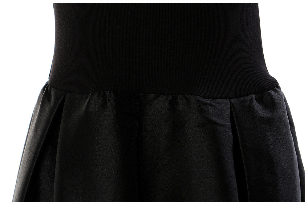 Black Knitted High Elastic Vest Stitching Hem Girl Dress