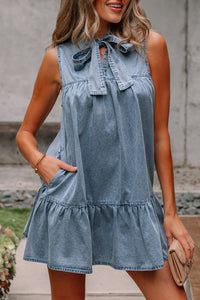Real Teal Bowknot Neck Sleeveless Ruffled Chambray Dress - Modestly Vogue
