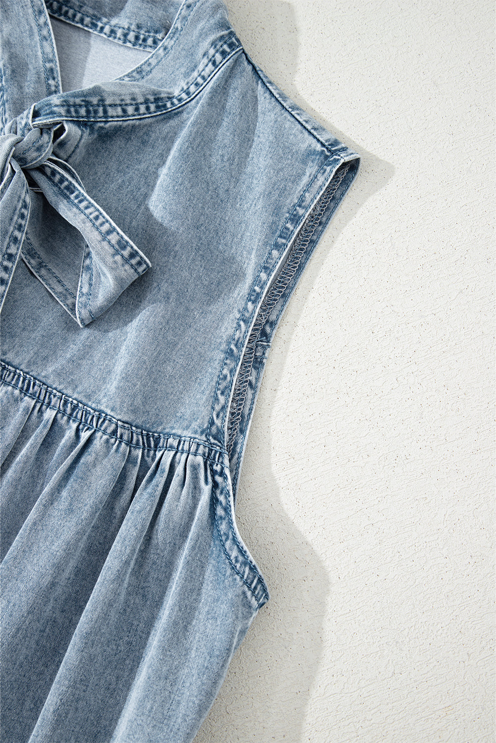 Real Teal Bowknot Neck Sleeveless Ruffled Chambray Dress - Modestly Vogue