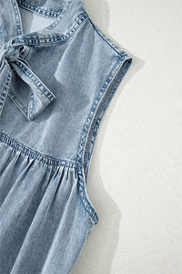 Real Teal Bowknot Neck Sleeveless Ruffled Chambray Dress - Modestly Vogue