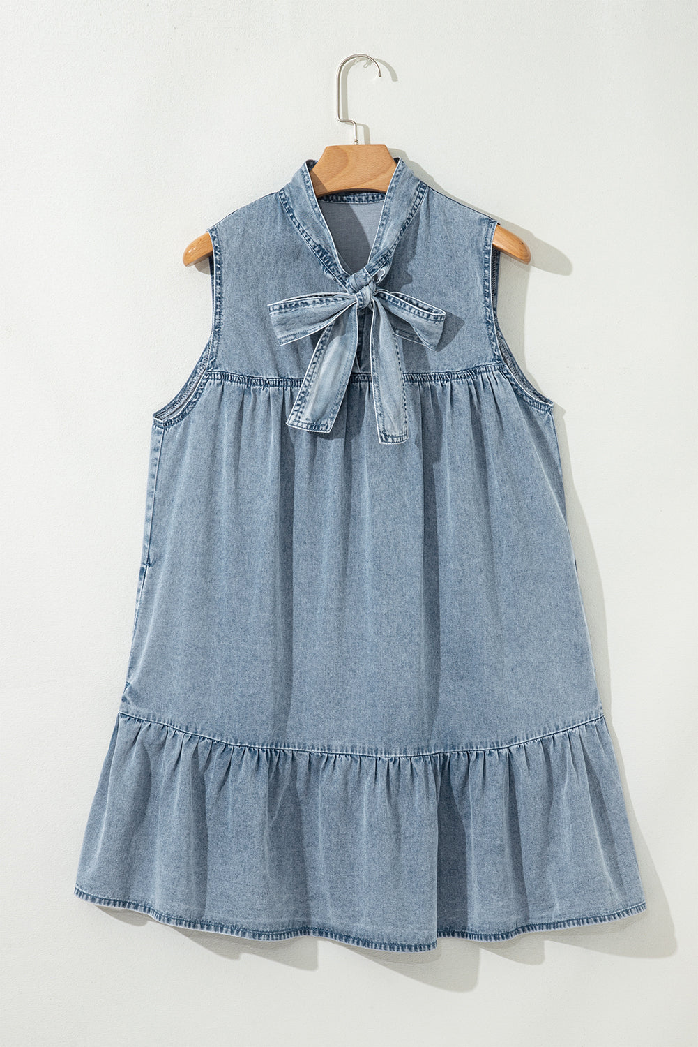 Real Teal Bowknot Neck Sleeveless Ruffled Chambray Dress - Modestly Vogue