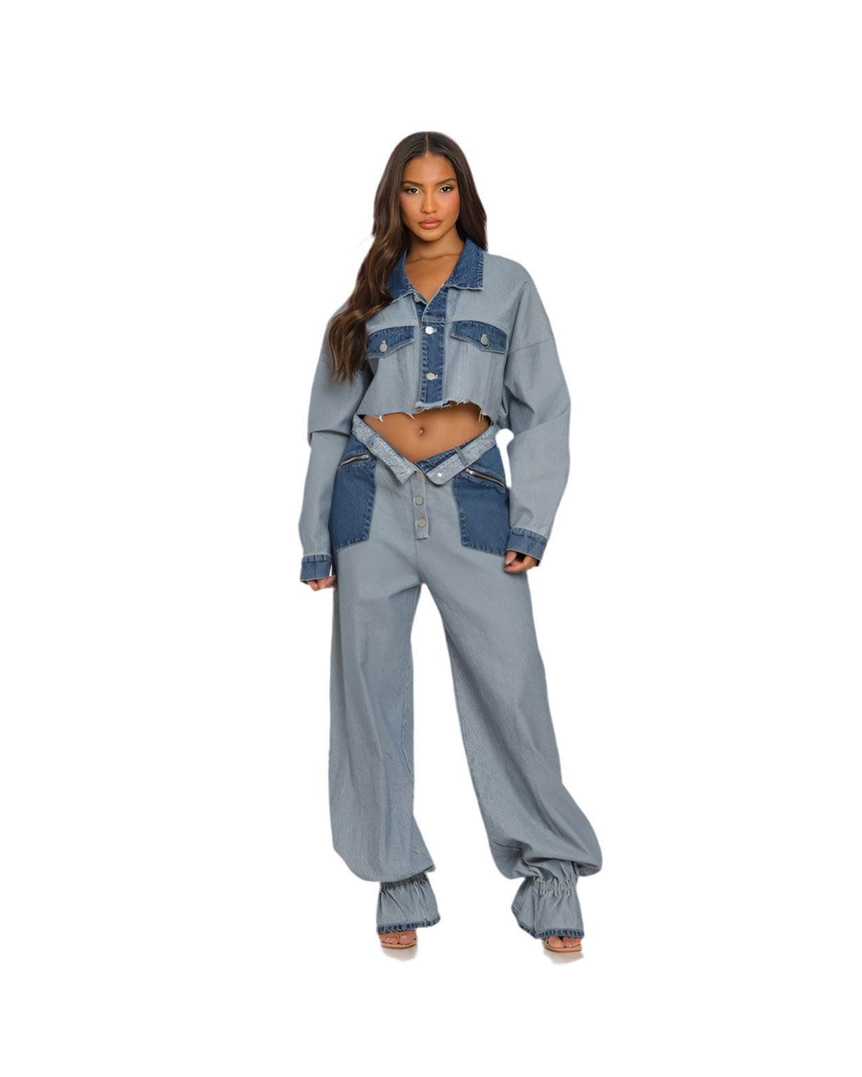 Blue Contrasted Denim Cropped Pant Set - Stylish & Chic Women's Outfit
