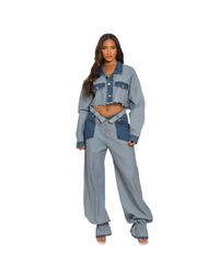 Blue Contrasted Denim Cropped Pant Set - Stylish & Chic Women's Outfit
