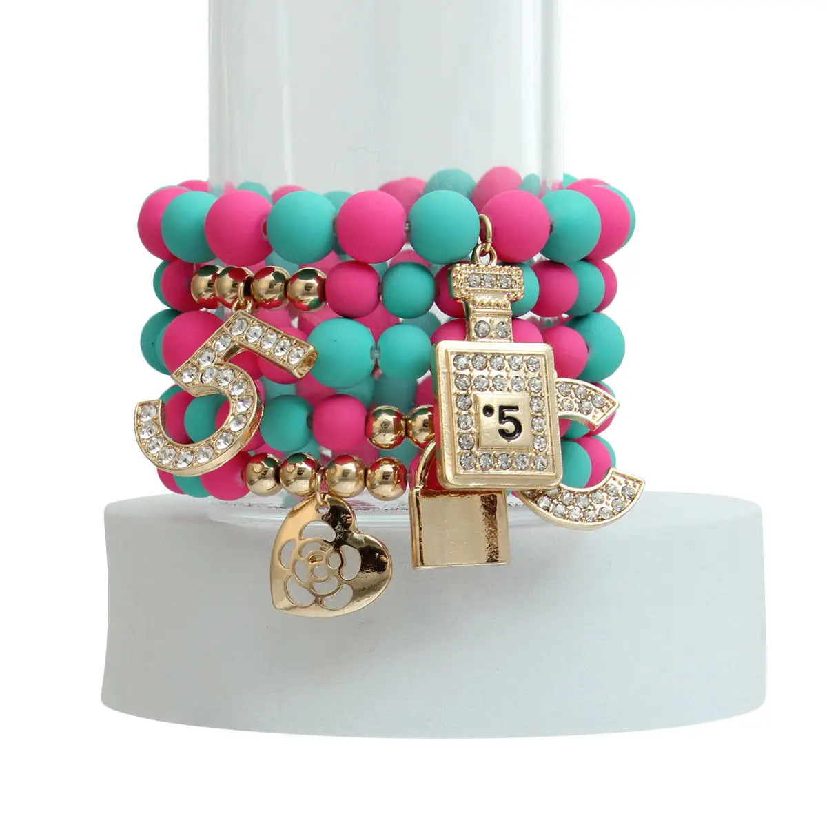 Matte Fuchsia & Teal Charm Bracelets – Bold Boutique Jewelry Set