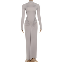 Fall Women Clothing Solid Color High Collar Slim Slimming Pleated Long Sleeve Dress