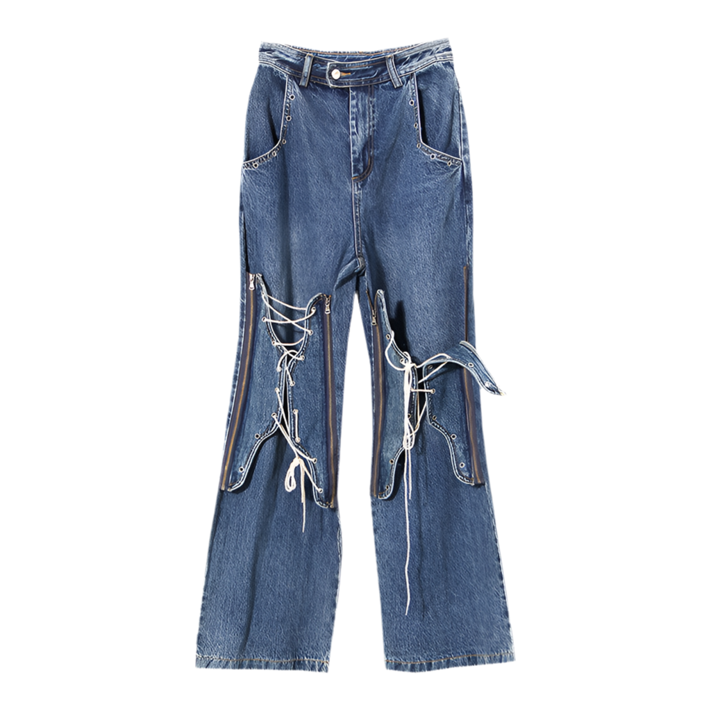 Blue Winter Color Loose Tied Same Design as Designer Personalized Minority Design Feeling Slightly Pull Jeans for Women