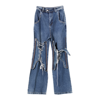 Blue Winter Color Loose Tied Same Design as Designer Personalized Minority Design Feeling Slightly Pull Jeans for Women