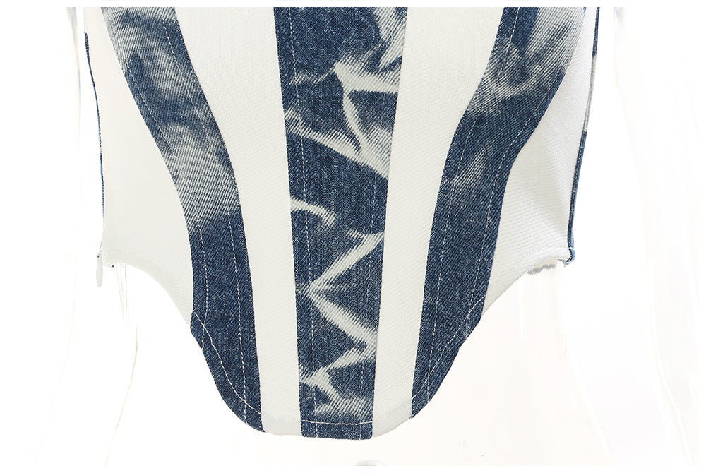 Stitching Contrast Color Washed Denim Slim Top Vest Camisole Women