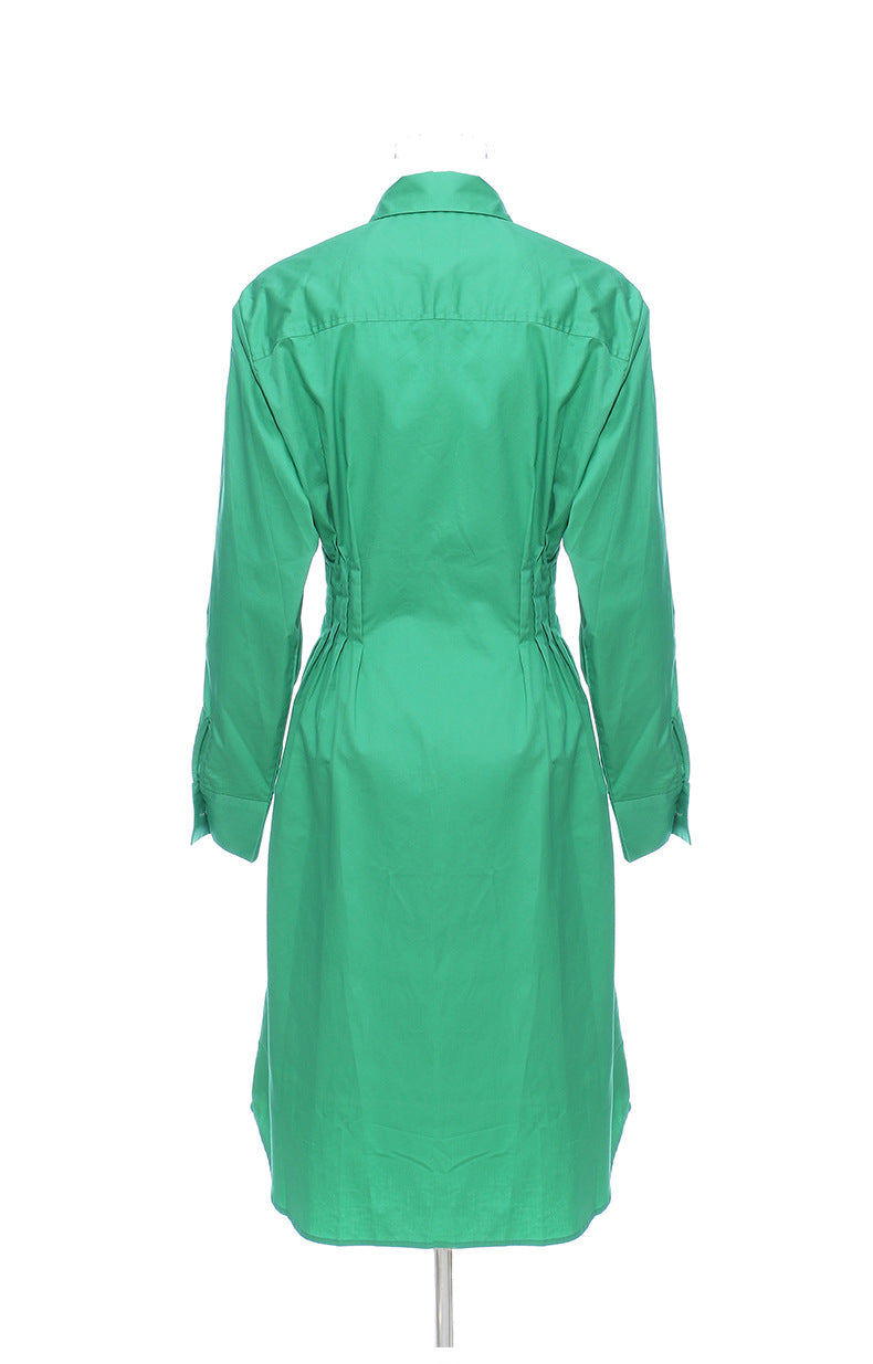 Geometric Abstract Round Hollow Out Cutout Pleated Waist Tight Cotton Shirt Dress
