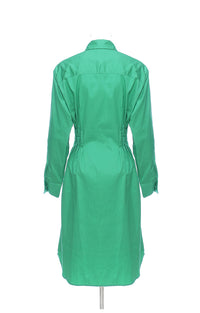 Geometric Abstract Round Hollow Out Cutout Pleated Waist Tight Cotton Shirt Dress