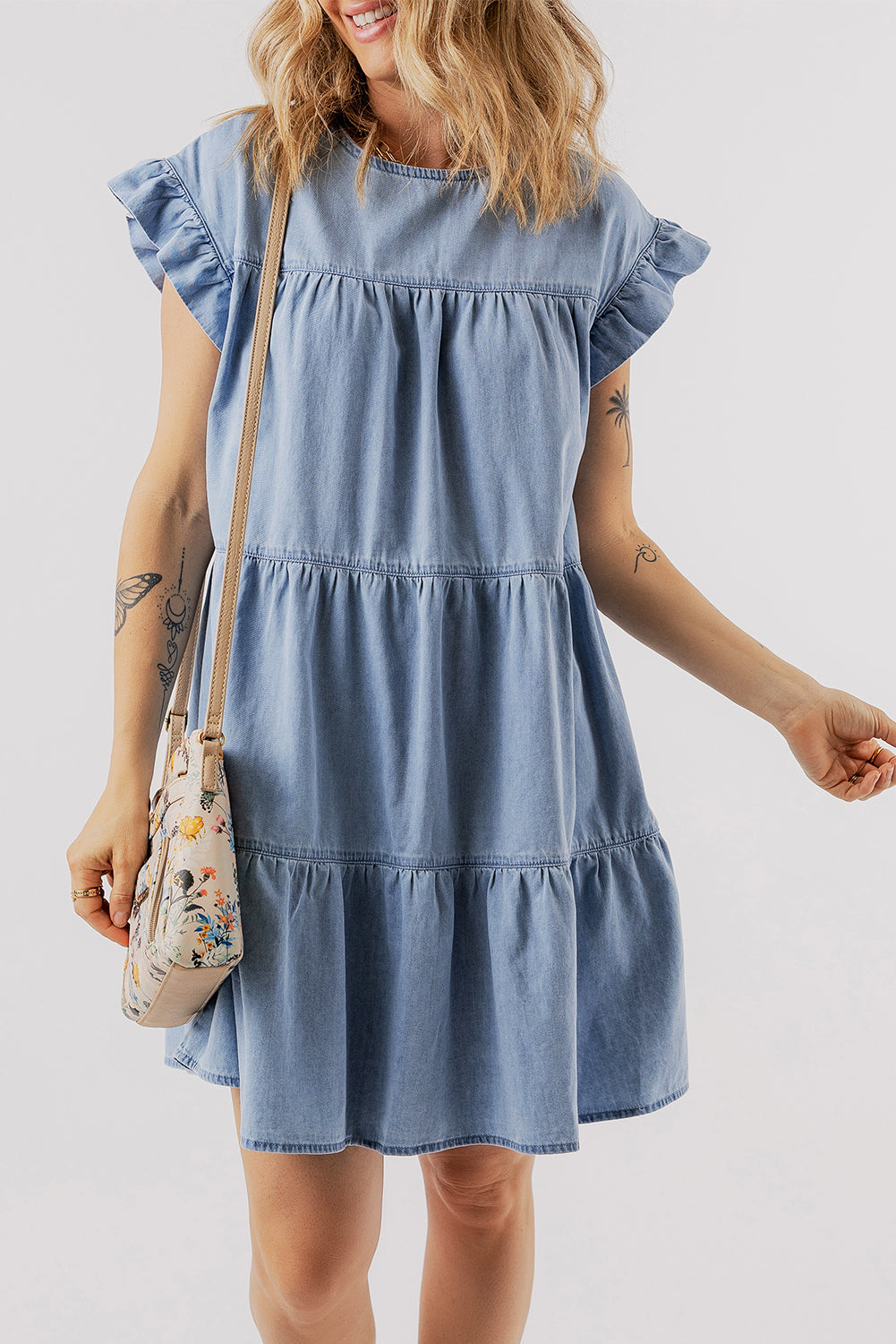 Beau Blue Ruffle Short Sleeve Tiered A-line Denim Dress - Modestly Vogue
