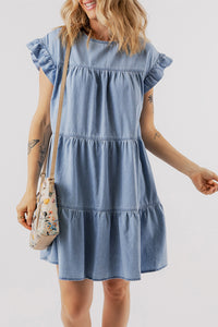 Beau Blue Ruffle Short Sleeve Tiered A-line Denim Dress - Modestly Vogue