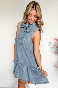 Real Teal Bowknot Neck Sleeveless Ruffled Chambray Dress - Modestly Vogue