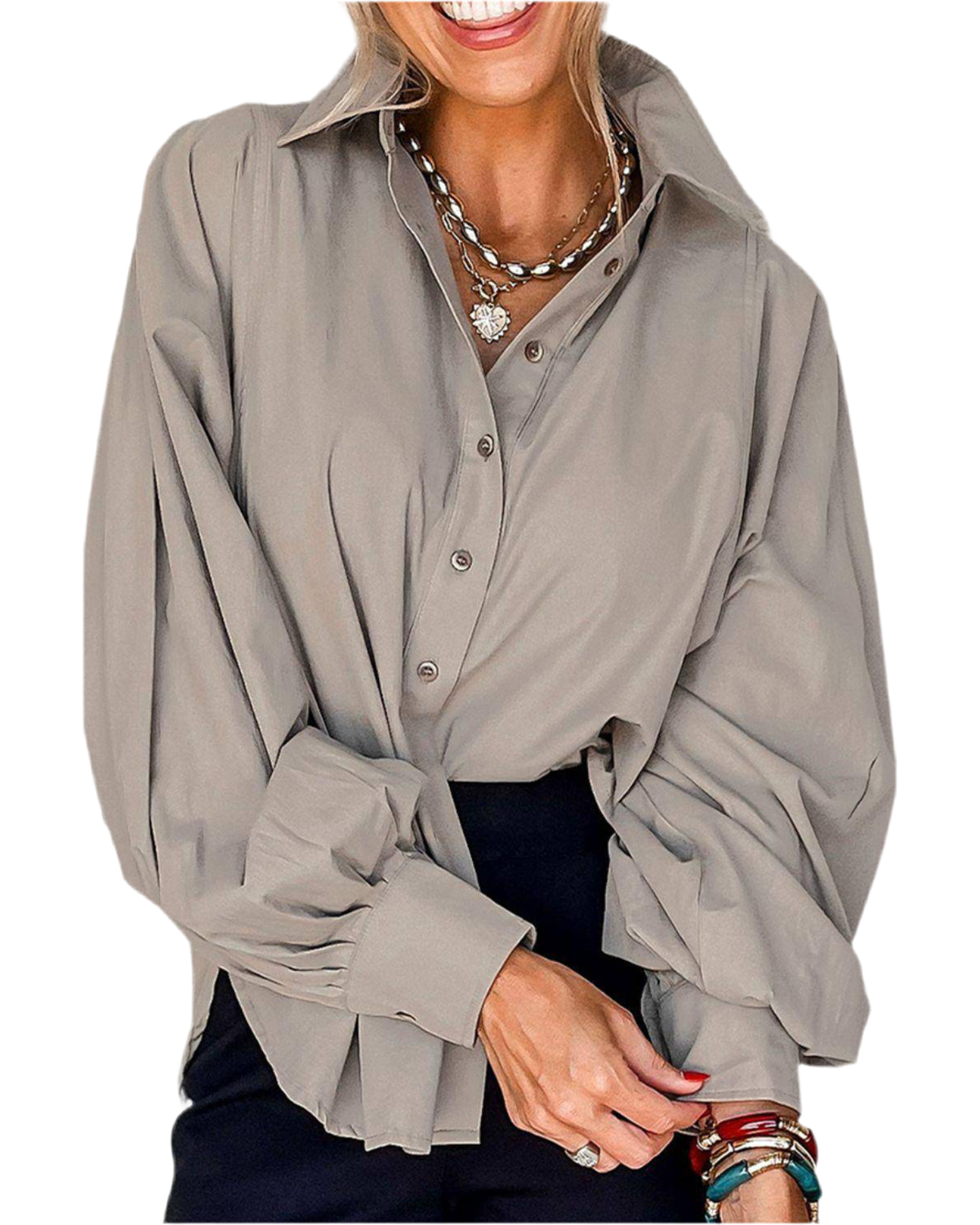 Neutral Button Down Collared Shirt – Classic Long Sleeve Blouse Women